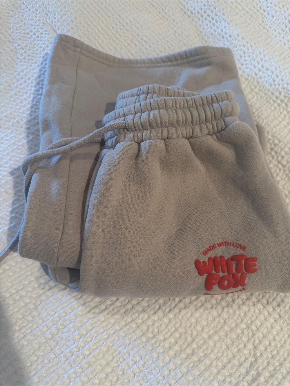 3XS White Fox Boutique Taupe Wide Leg Sweatpants with Red Logo Women Kids Girls